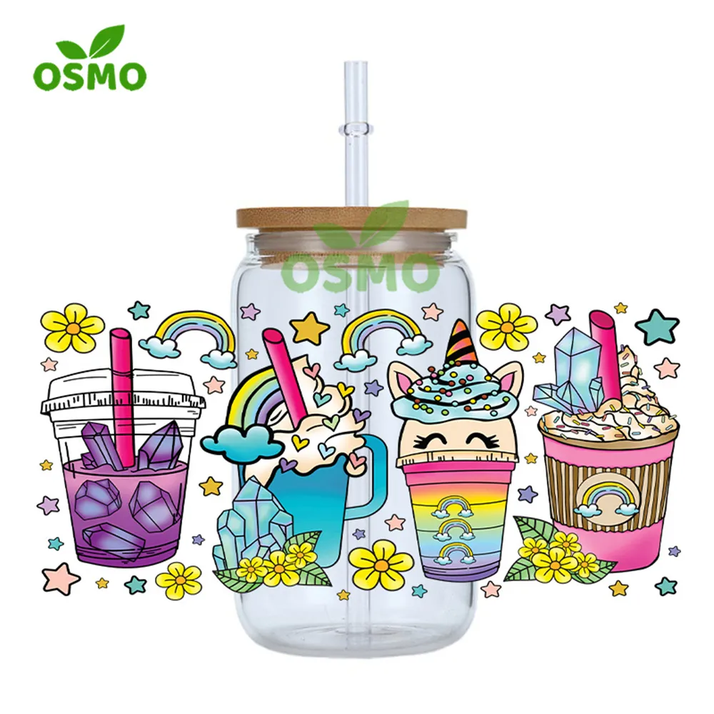 Osmo Wholesale Factory Printed UV Dtf Transfer Cup Wraps Happy Smiling Face 16oz Libbey Glass Can Wraps Uv Transfer Decals