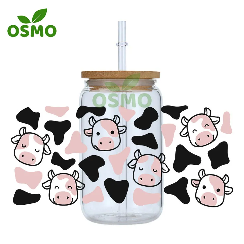 Osmo Wholesale Ready to Transfer UV Dtf Cup Wraps Cow 16oz Libbey Glass Can Wraps Transfers Sticker Decals