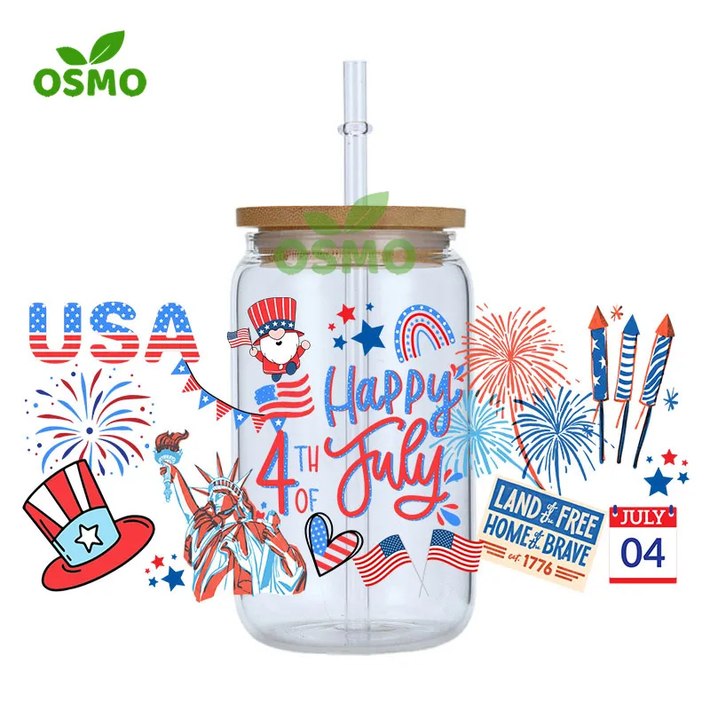 Osmo Wholesale UV Dtf Cup Wraps 4th of July Pooh Glass Wraps Transfers 16oz Libbey Glass Can Tumbler Wraps