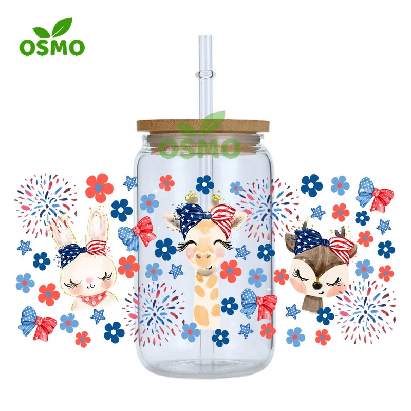 Osmo Wholesale UV Dtf Cup Wraps 4th of July Pooh Libbey Wraps Transfers 16oz Glass Can Tumbler Wraps
