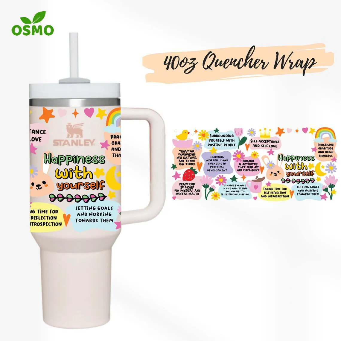 Osmo Wholesale UV Dtf Transfer Wraps 40oz Quencher Stanley Tumbler Wrap Happiness Affirmations Self Love Flower Wraps