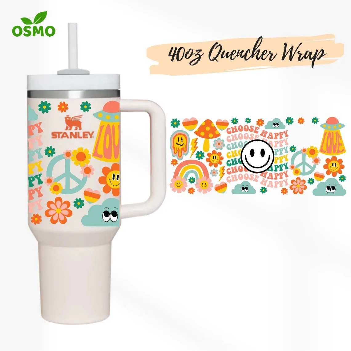 Osmo Wholesale UV Dtf Transfer Wraps 40oz Quencher Stanley Tumbler Wrap Happiness Affirmations Self Love Flower Wraps