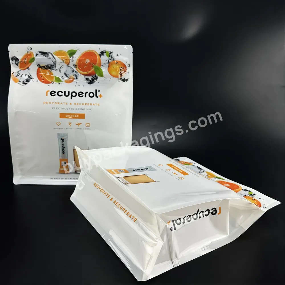 Plastic Composite Zipper Eight-side Seal Stand Up Flat Bottom Powdered Drink Mix Packaging Sachet Bag - Buy Sachet Packaging,Powdered Drink Mix Packaging,Flat Bottom Bag.
