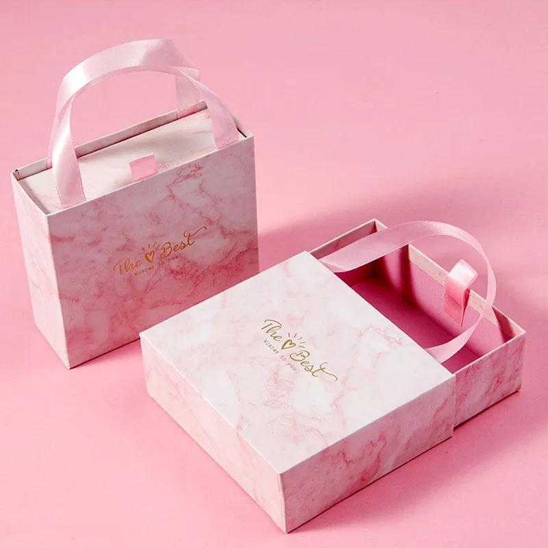 Portable Marble Print Candy Box Pink Wedding Gift Drawer Packaging Box With Handle