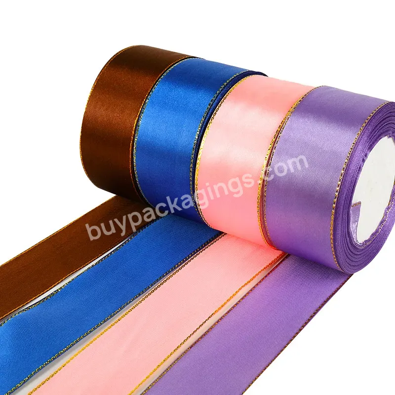 Promotional Classical 4cm*25y Bright Polyester Ribbon Pure Color Satin Ribbon Roll With Gold Edge