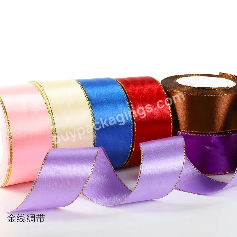 Promotional Classical 4cm*25y Bright Polyester Ribbon Pure Color Satin Ribbon Roll With Gold Edge