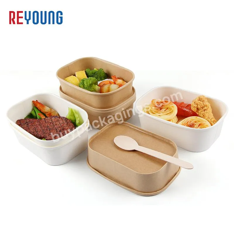REYOUNG Disposable Recyclable Takeaway Hot Food Container Rectangle Kraft Paper Container Bowl with Plastic or Paper Lid