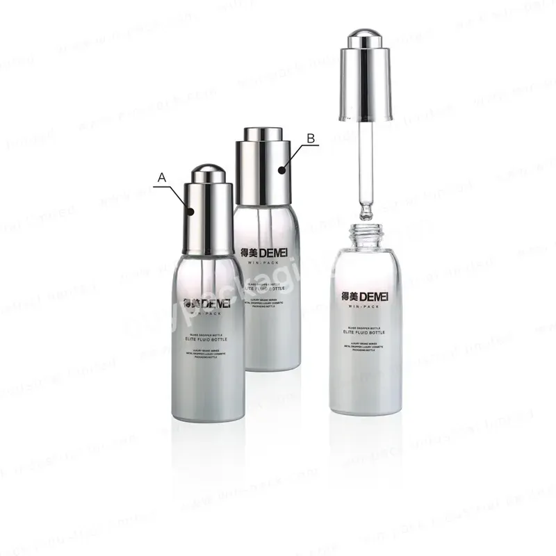 Shiny Silver Fancy Glass Bottle With Push Dropper For Cosmetic Serum Packing 30ml - Buy Silver Fancy Glass Bottle,30ml Serum Bottle,Glass Dropper Bottle.