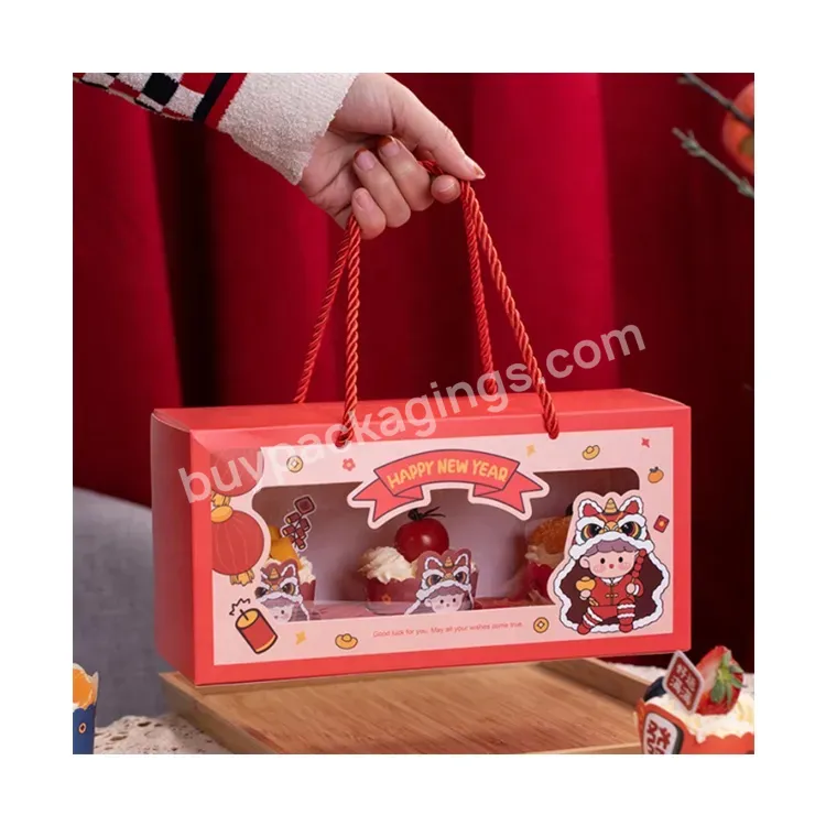 Sim-party Cute New Year Red Pastry Gift Paper Handle 3 Muffin Packaging Transparent Cup Cake Box - Buy Transparent Cup Cake Box,Paper Handle 3 Muffin Packaging,Cute New Year Red Pastry Gift Boxes.