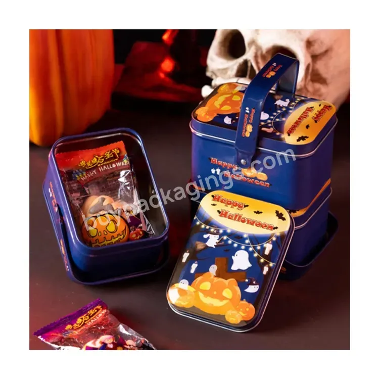 Sim-party Fancy Printing Pumpkin Snack Small Sugar Iron Boxes Halloween Cookie Tin Box With Handle