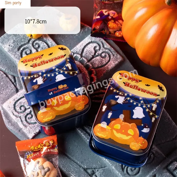 Sim-party Fancy Printing Pumpkin Snack Small Sugar Iron Boxes Halloween Cookie Tin Box With Handle