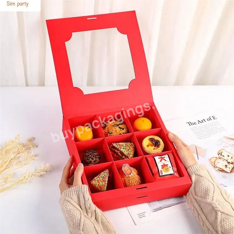 Sim-party New Year After Tea Pastry Luxury Ribbon Dessert Boxes Red 9 Holes Window Cake Box - Buy Window Cake Box,New Year Red Cake Box,Luxury Ribbon Pastry Package.