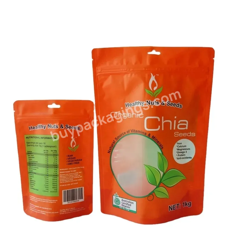 Stand Up Chia Seeds Packaging Pouch Plastic Zipper Food Stand Up Bags - Buy Chia Seeds Plastic Packaging Bags,Snack Stand Up Pouch Plastic Zipper Bags,Matte Chia Seed Plastic Bag.