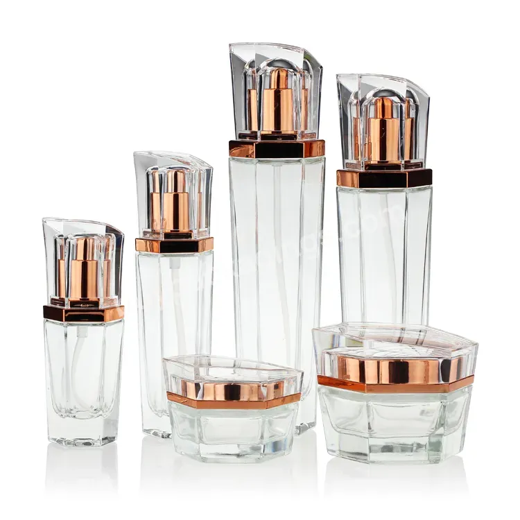 Unique Clear Hexagonal Classy Glass Bottle Jar Set Cosmetics Containers And Packaging Luxury Skin Cream Lotion Bottles Empty - Buy Cosmetics Containers And Packaging,Cosmetics Cream Glass Bottles And Jars,Cosmetic Glass Lotion Bottles.