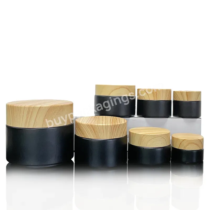 Wholesale Cream Container Matte Black Frost Glass Jar With Bamboo Wood Grain Lid 5g 10g 15g 20g 30g 50g Glass Cosmetic Jars
