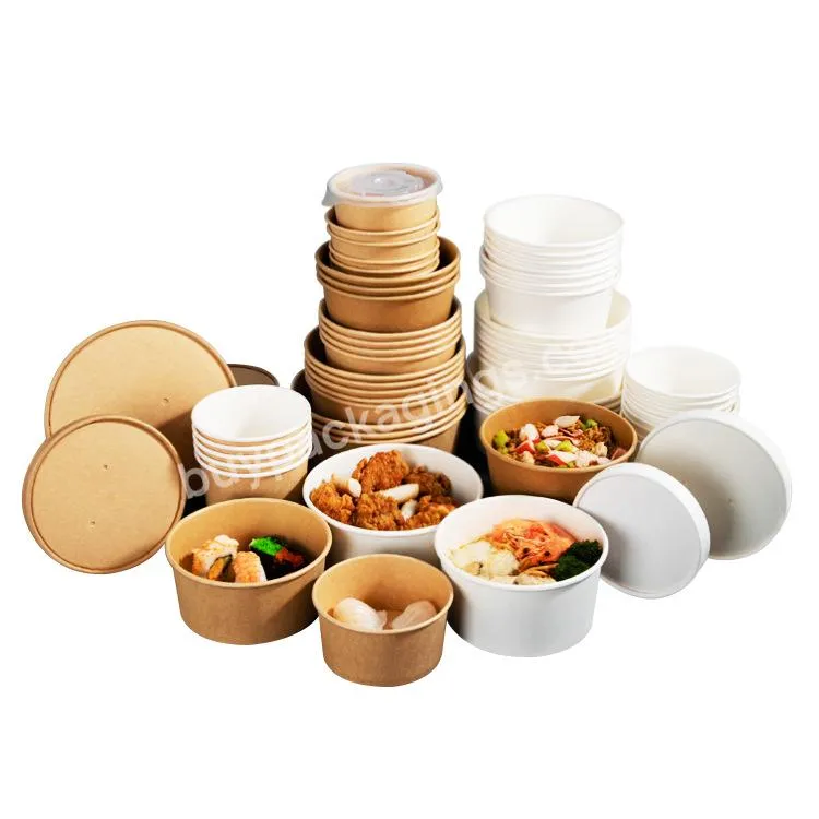 Wholesale Printable Logo Disposable Round Shape Kraft Paper Food Containers Kraft Paper Bowl with Paper PP Lid