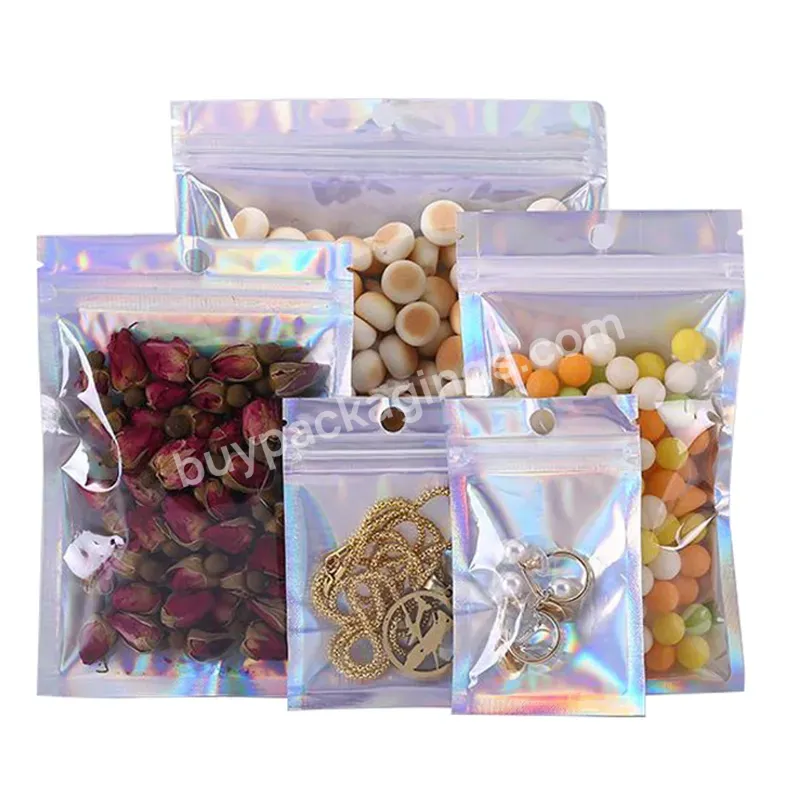 Wholesale Resealable Holographic Laser Packaging Bags For Cosmetics Food And Snack Packaging - Buy Glossy Holographic Laser Zipper Bag,Food Packaging Bags,Polyester Film Odor Proof Bag.