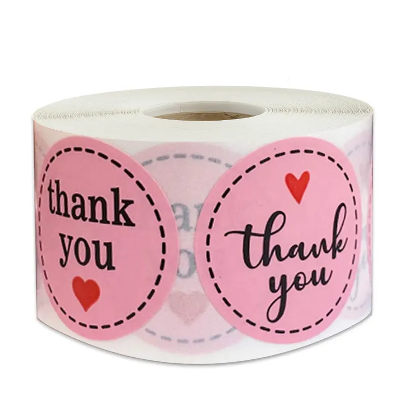 Wholesales Pink Color Thank You Label Water Proof Gift Package Sticker Self Adhesive Round Shape Custom Sticker Sticker Roll