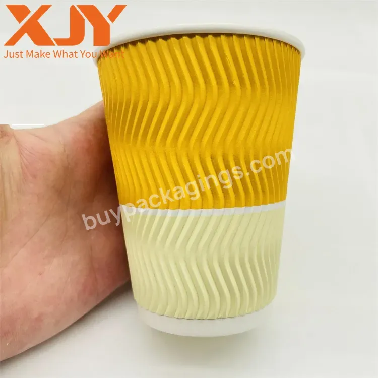 Xjy Custom 6oz 8oz 9oz 10oz 14 Oz 16oz Logo Printing Disposable Recycle Double Ripple Wall Cup Coffee Paper Cups With Lid