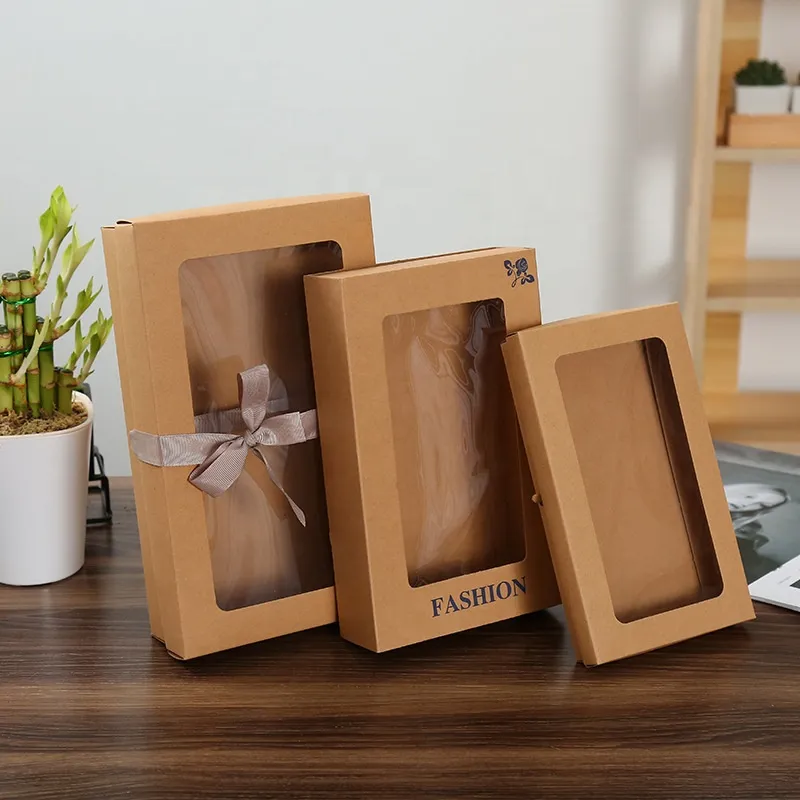 Yiwu Sliding Drawer Towel Packaging Box Pull Out Kraft Socks Packaging Clear Lid And Base Window Paper Gift Box With Ribbon
