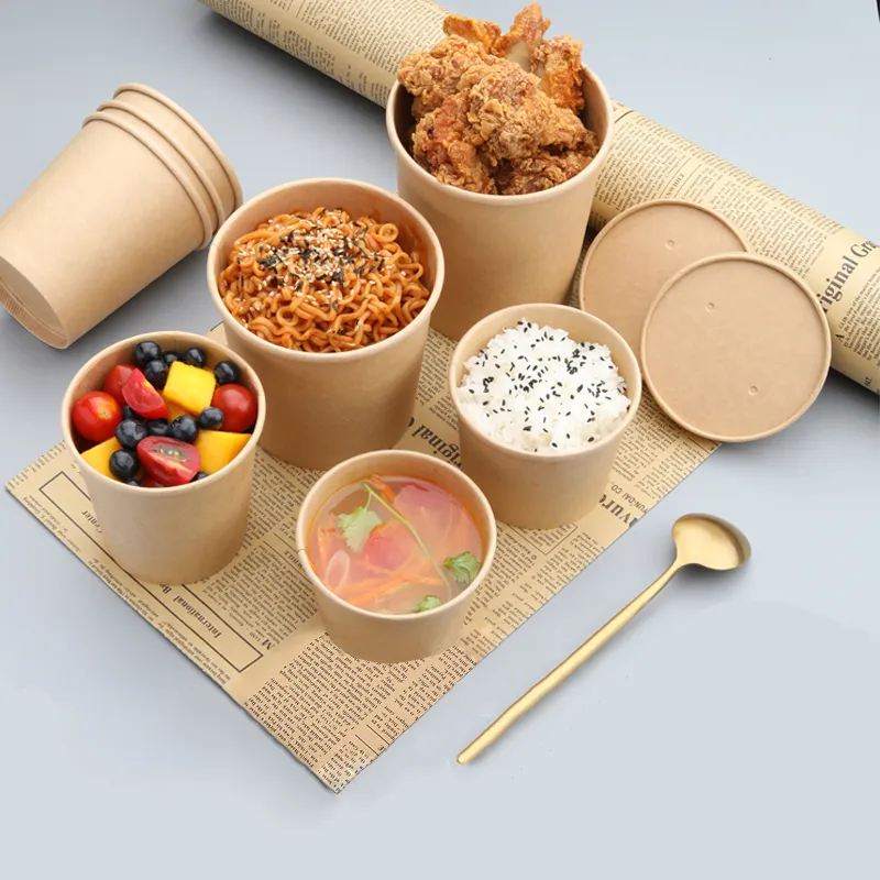 ZL Eco Friendly Kraft Soup Bowl Ice Cream Hot Cold Drink Dessert Packaging Food Grade Takeaway Disposable Paper Cup With Lid