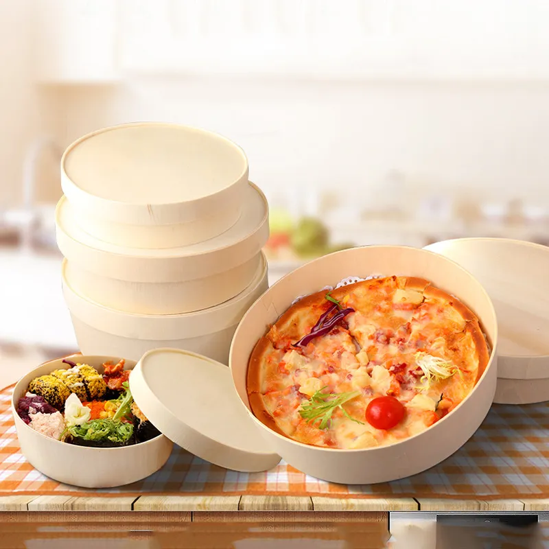 ZL Luxury Eco Friendly Disposable Wood Food Packaging Box Wooden Cheese Cake Pastry Salad Food Box Small Round Pizza Boxes