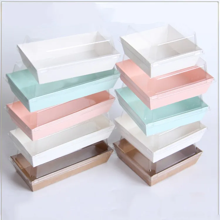 ZL Wholesale Rectangle pvc Clear Cake Box Kraft Paper Bakery Swiss Roll Cookie Sushi Food Packaging Pastry Eclair Box
