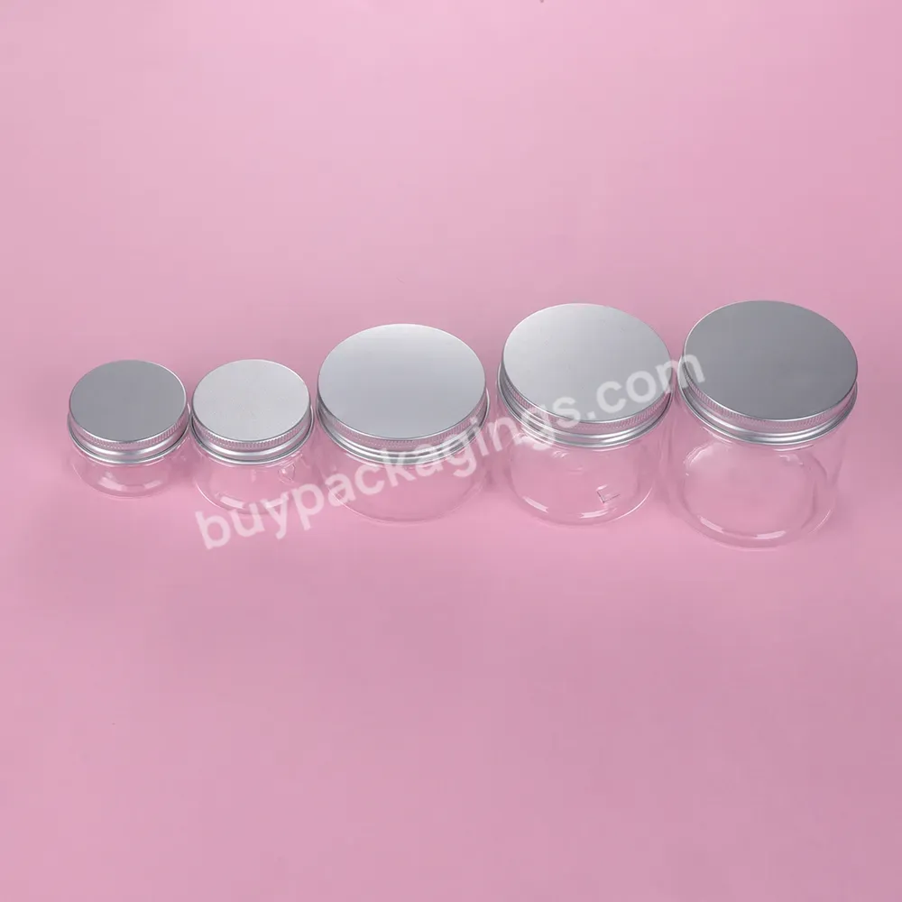 Wholesale Clear 50g 4oz 6oz 8oz 100ml 250ml 300ml Cookie Plastic Jars Pet Materials Food Grade Containers With Aluminum Caps - Buy Containers With Aluminum Caps,100ml 250ml 300ml Cookie Plastic Jars,Plastic Jars Pet Materials.
