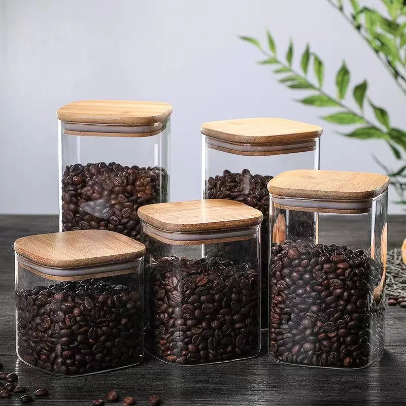 1000ml Bamboo Lid Glass Square Coffee Bean Storage Jar For Food Or Candy With Spoon