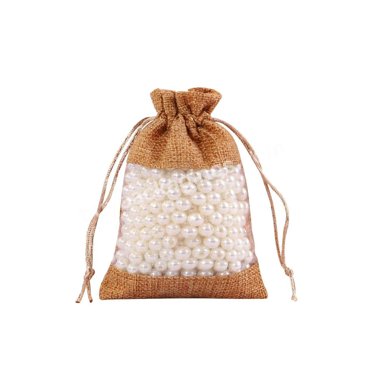 10*14cm Gift Bag With Clear Window Pink Natural Linen Birthday Wedding Party Candy Sack Jewelry Jute Gift Drawstring Pouch