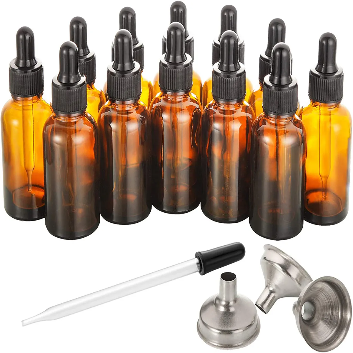 1oz Dropper Bottles for Essential Oils with 3 Stainless Steel Funnels & 1 Long Glass Dropper 30ml Amber Glass Bottles