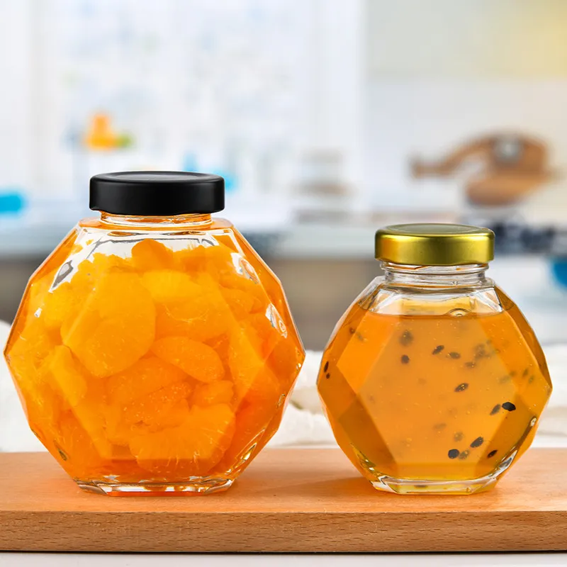 200ML  380ML Wooden Lids Hexagonal Honey Jar Glass Honey Pot Wholesale