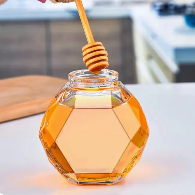 200ML  380ML Wooden Lids Hexagonal Honey Jar Glass Honey Pot Wholesale