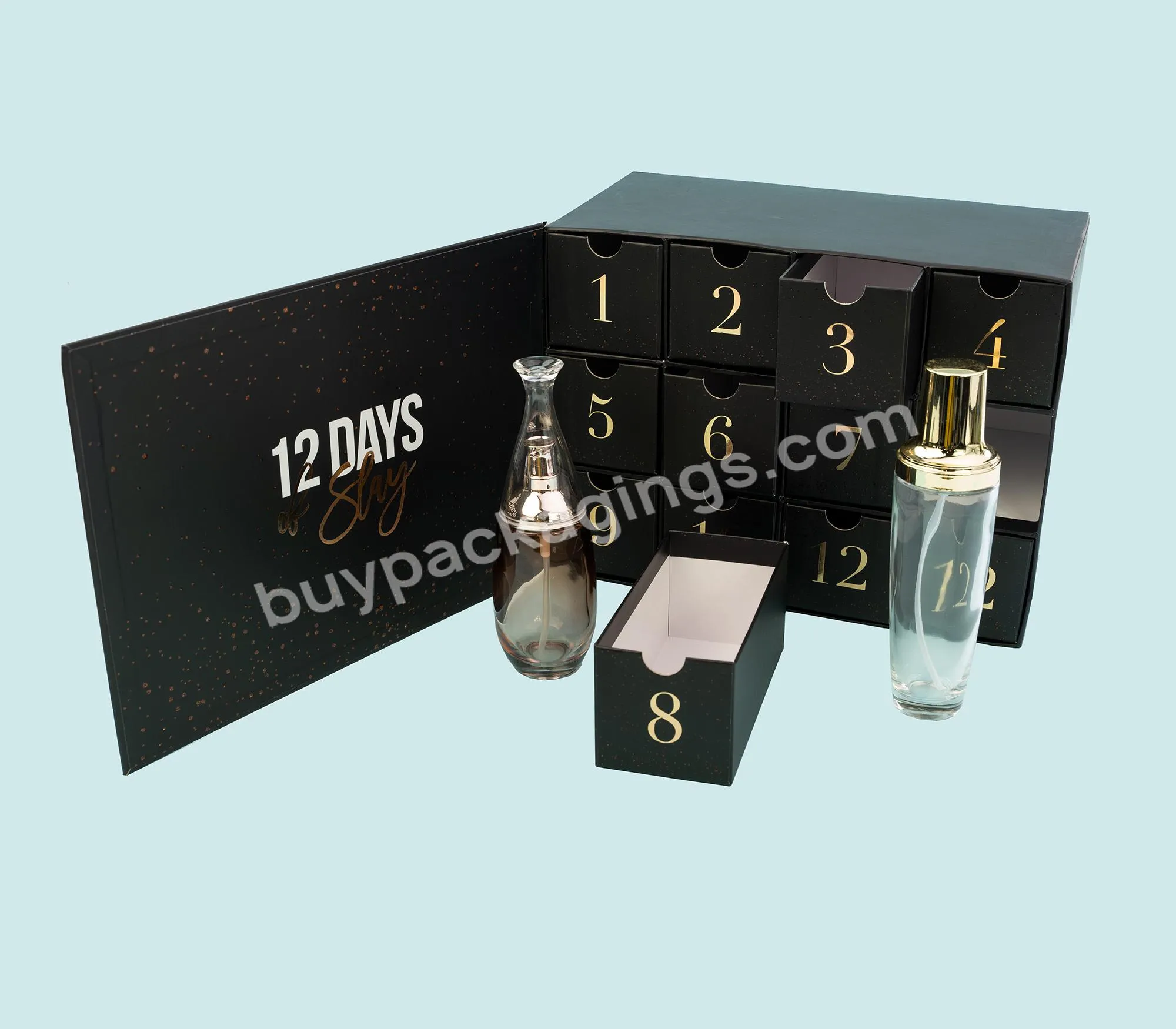 2023 New Luxury 12 Black Glittery Drawers Beauty Advent Calendar Packaging Box
