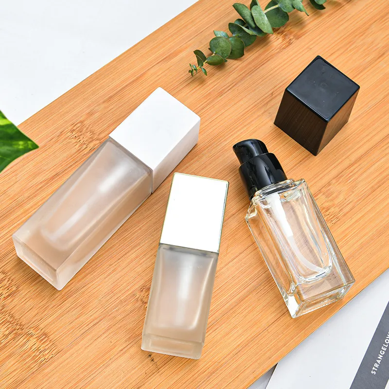 25ml 60ml High Quality Material Foundation Square Transparent Frosted Cosmetics Spray Empty Glass Bottle