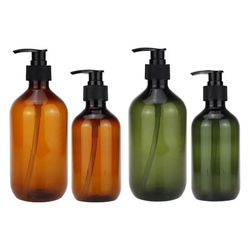 300ml 500ml Green Amber PET Plastic Shampoo Pump Boston Bottle With Black Pump Tops Bath Shower Shampoo Liquid Dispenser