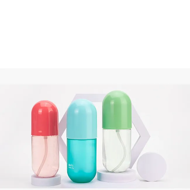 300ml Cosmetic Package Makeup Capsule Shape Clear Body Colorful Cap PET Bottle Body Plastic Bottle