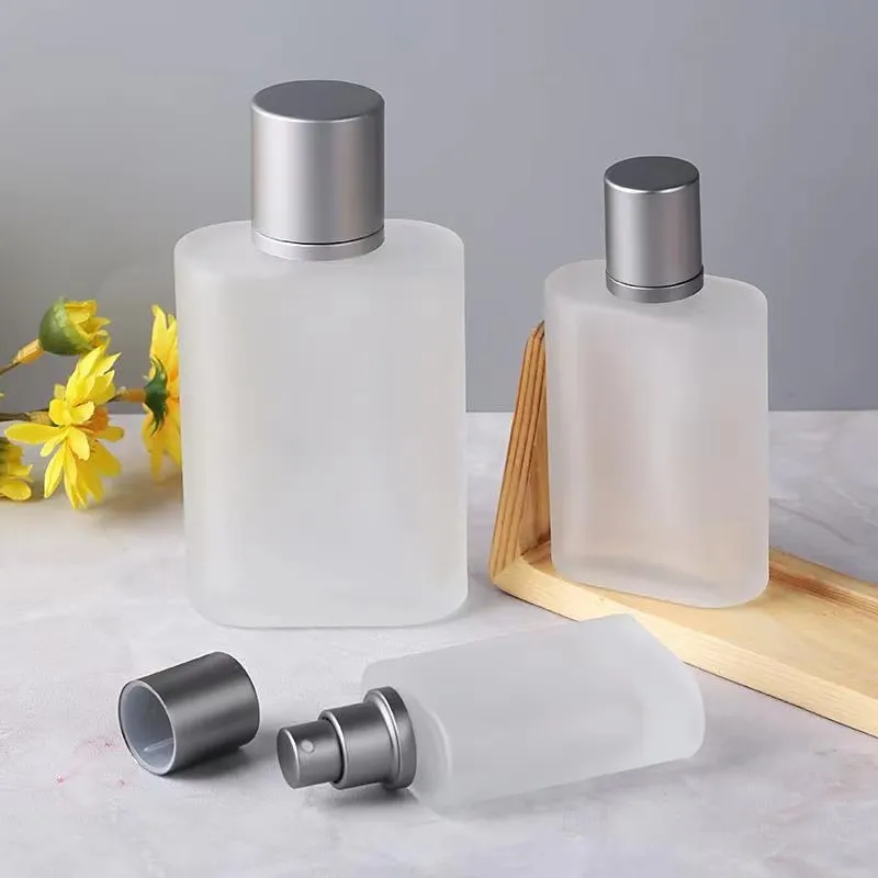 30ml 50ml 100ml Square Frosted Glass Perfume Bottle With Silver Grey Spray Pump