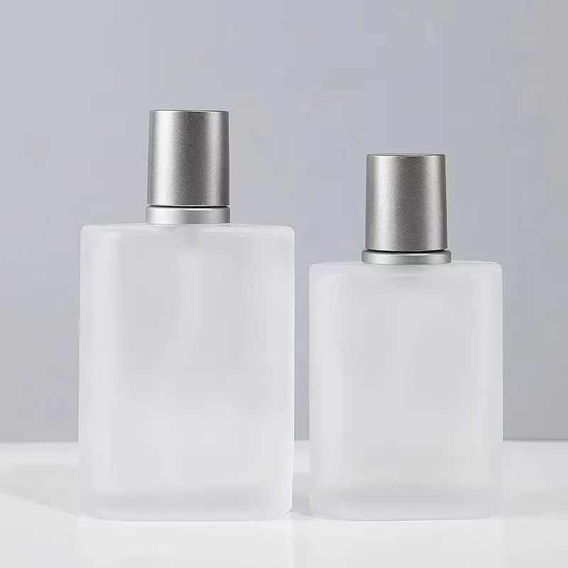 30ml 50ml 100ml Square Frosted Glass Perfume Bottle With Silver Grey Spray Pump