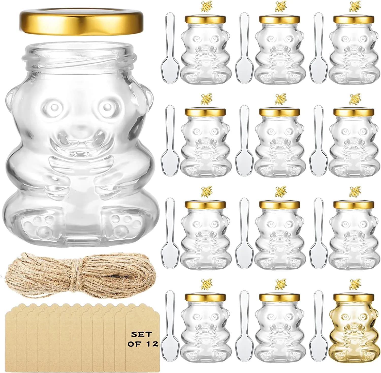 4oz Bear Shaped Plastic Honey Jars Gold Lids Extra Gold Bee Pendants Clear Spoon