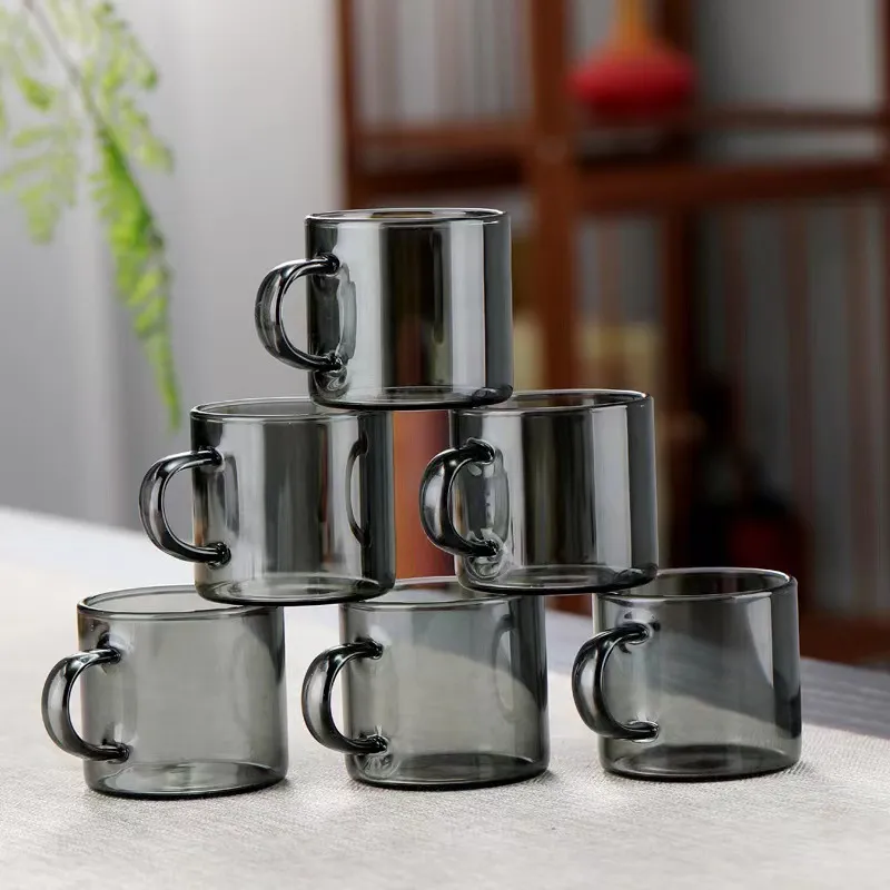 9ml Customized Logo Wholesale High Borosilicate Small Tacup Grey Color Straight Handle Tiny Glass Material Cup