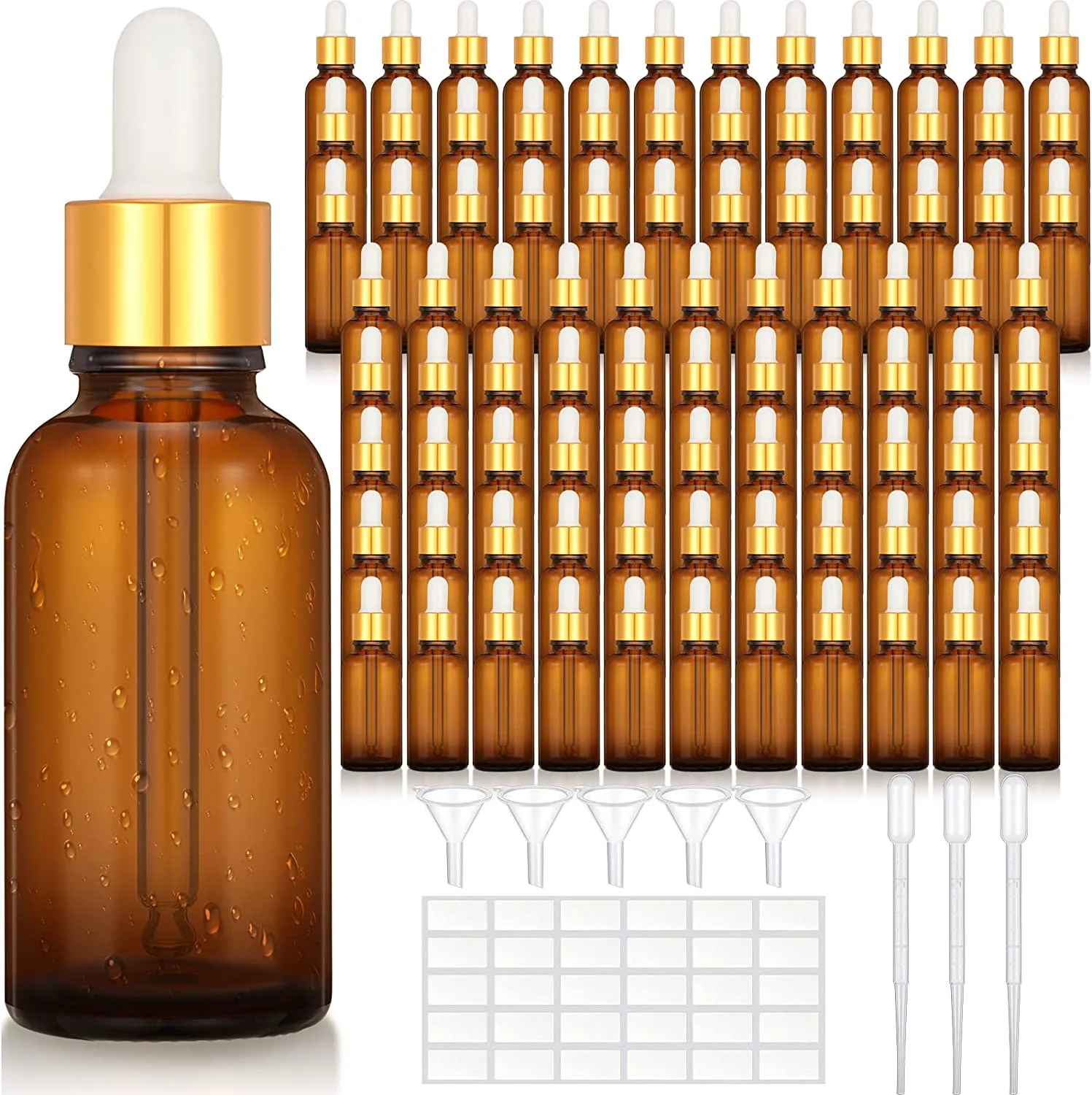 Amber Glass Dropper Bottles 1oz Essential Oil Dropper Bottles with Labels and Funnels Golden Caps Empty Tincture Bottles Perfume