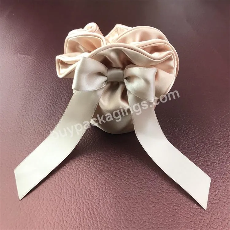 Beige Champagne Custom Satin Ribbon Bow Piping Ruffle Elastic Cord Closure Double Layer Round Silk Jewelry Glass Watch Bag Pouch