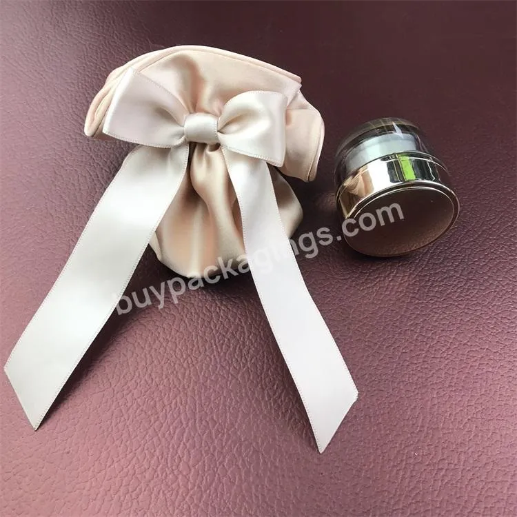 Beige Champagne Custom Satin Ribbon Bow Piping Ruffle Elastic Cord Closure Double Layer Round Silk Jewelry Glass Watch Bag Pouch