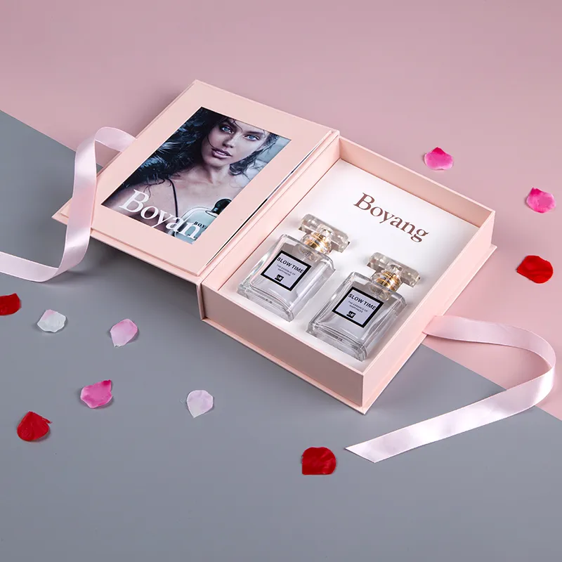 Book Shape Pink Paper Empty Luxurious Cosmetic Perfume Gift Packaging Box with Ribbon