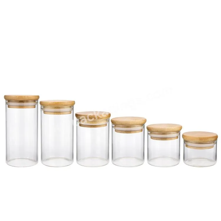 Borosilicate Kitchen Glass Food Container Clear Airtight Storage Jar With Wood Bamboo Lid For Herbs And Spices Storage - Buy Bamboo Food Containers,Glass Food Container With Bamboo Lid,Herbs And Spices Storage.