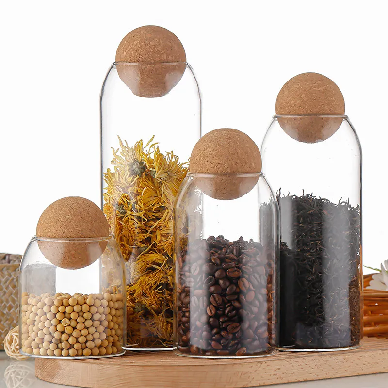 Borosilicate Wide Mouth Glass Storage Jars With Round Wooden Cork Lids Wholesale