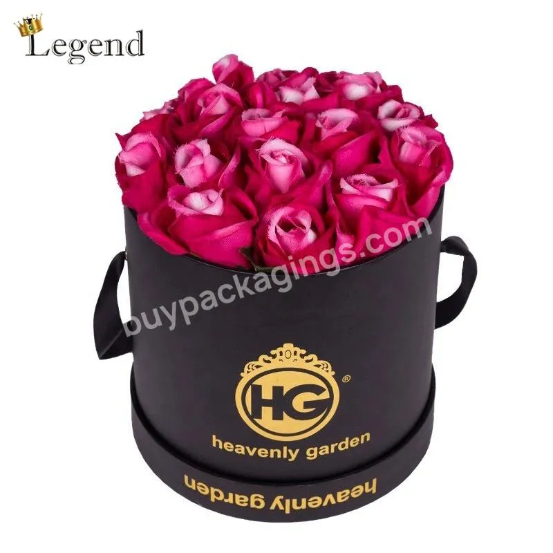 Boutique Rose Gift Cylinder Packaging Boxes Custom Printing Gold Logo Luxury Black Round Flower Box with Handle
