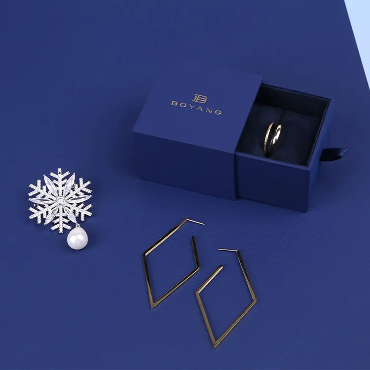Boyang Blue Paper Jewelry Ring Box Packaging Jewelry Packing Box Romantic Drawer Sliding Ring Box