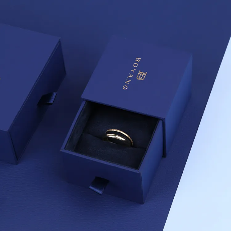 Boyang Blue Paper Jewelry Ring Box Packaging Jewelry Packing Box Romantic Drawer Sliding Ring Box